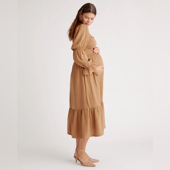 Quince 100% Organic Cotton Maternity Midi Dress Large Gauze Tiered Off Shoulder - Picture 1 of 12